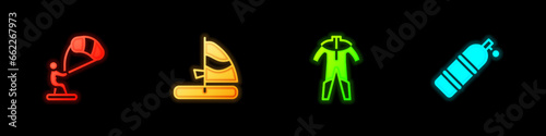 Set Kitesurfing, Windsurfing, Wetsuit for scuba diving and Aqualung icon. Vector