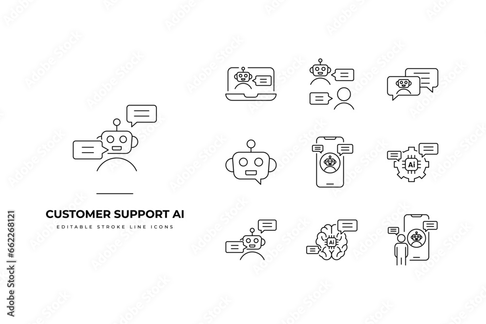 Set of Customer Support Ai Icon Packs. Simple line art and editable stroke icon packs. chatbot, agent, ai, assistance, support, bot, help, assistant, helpline, service
