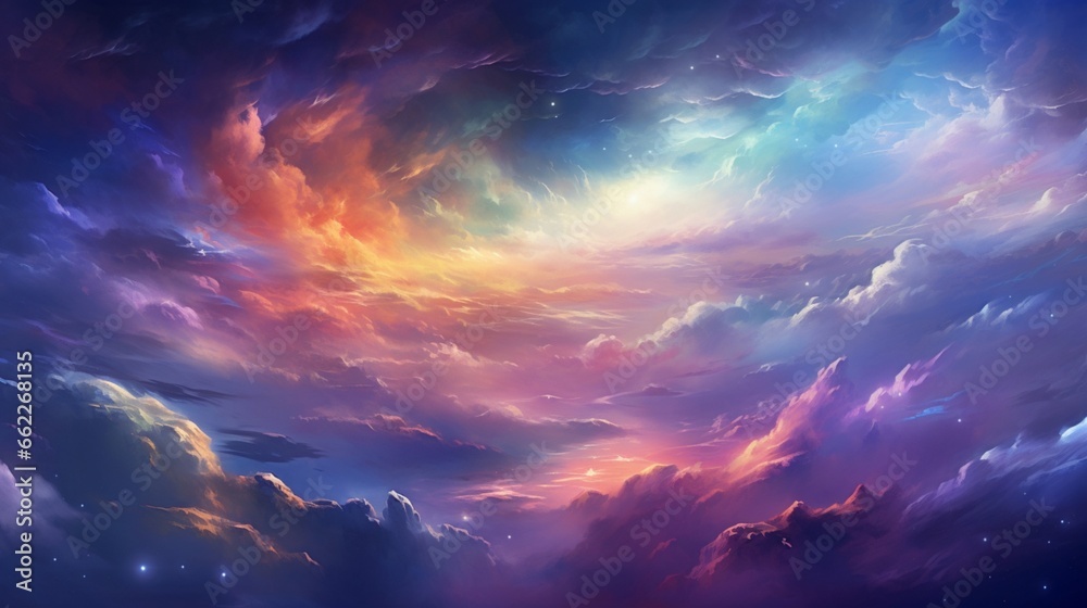 Produce an abstract portrayal of a distant nebula, filled with ethereal colors and celestial wonders.