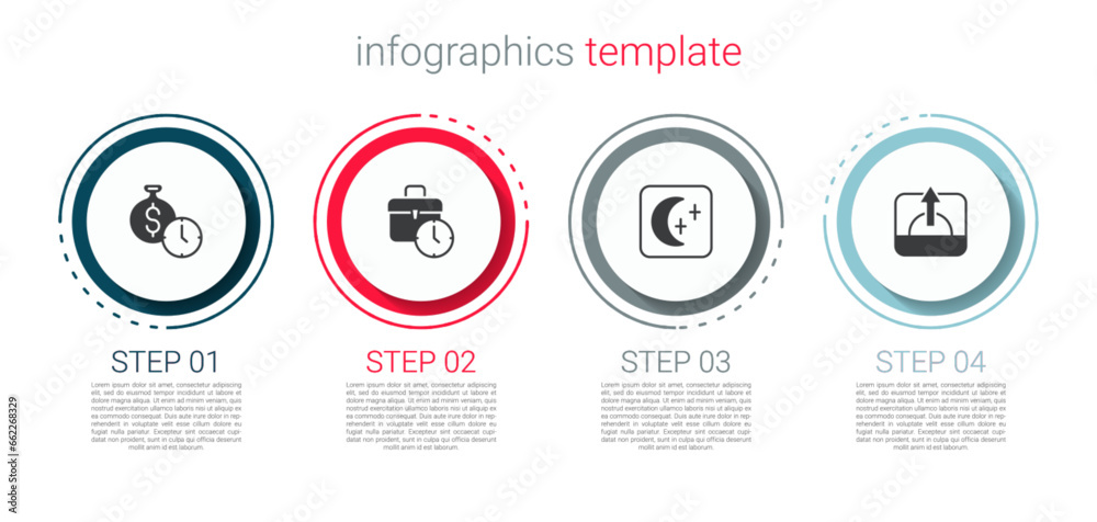 Set Time is money, Work time, Moon and stars and Sunrise. Business infographic template. Vector