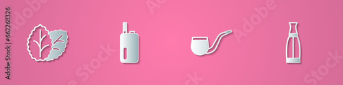 Set paper cut Tobacco leaf, Electronic cigarette, No pipe smoking and Vape liquid bottle icon. Paper art style. Vector