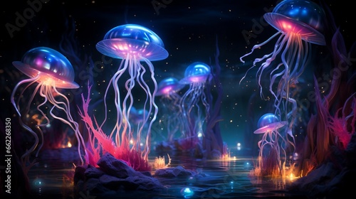 Produce an abstract underwater world with bioluminescent creatures and a mesmerizing, deep-sea ambiance. © Samia