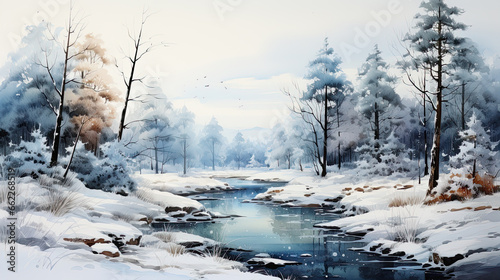 watercolor illustration of beautiful misty winter forest