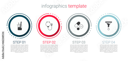 Set Laboratory glassware, Stethoscope, Medicine pill tablet and Funnel filter. Business infographic template. Vector