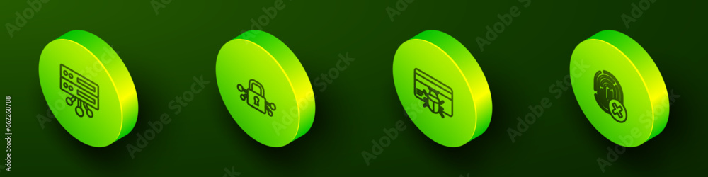 Set Isometric line Server, Data, Web Hosting, Cyber security, System bug credit card and Cancelled fingerprint icon. Vector