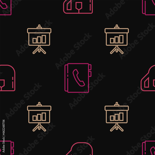 Set line Cup of tea with tea bag, Chalkboard diagram and Address book on seamless pattern. Vector