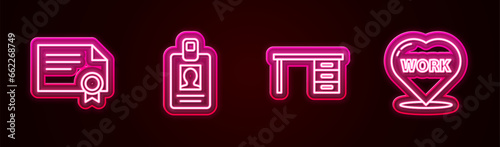 Set line Certificate template, Identification badge, Office desk and Heart with text work. Glowing neon icon. Vector