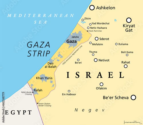 The Gaza Strip and surroundings, political map. Gaza is a self-governing Palestinian territory and narrow piece of land located on the coast of the Mediterranean Sea, bordered by Israel and Egypt.