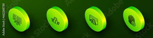 Set Isometric line Server, Data, Web Hosting, Cyber security, System bug credit card and Cancelled fingerprint icon. Vector
