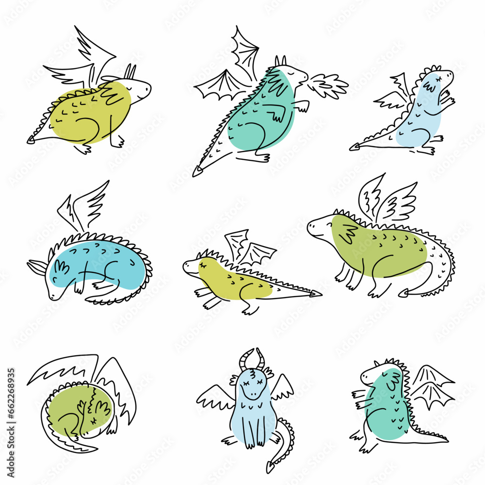Vector collection of funny
and cute different dragons and dinosaurs drawn by hand in a doodle style Vector collection of funny
and cute different dragons and dinosaurs drawn by hand in a doodle style