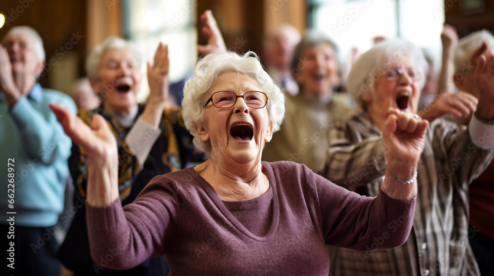Gruppe fröhlicher Senioren zeigt Energie, Freude und Spaß an Bewegung und Tanz, symbolisiert Gemeinschaft, Lebensstil und Geist älterer Menschen - obrazy, fototapety, plakaty 
