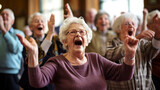 Gruppe fröhlicher Senioren zeigt Energie, Freude und Spaß an Bewegung und Tanz, symbolisiert Gemeinschaft, Lebensstil und Geist älterer Menschen