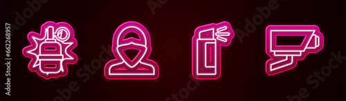 Set line Hand grenade, Vandal, Pepper spray and Security camera. Glowing neon icon. Vector