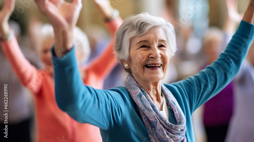 Gruppe fröhlicher Senioren zeigt Energie, Freude und Spaß an Bewegung und Tanz, symbolisiert Gemeinschaft, Lebensstil und Geist älterer Menschen photo