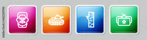 Set line Joseph Stalin, Military tank, Birch tree and Ushanka. Colorful square button. Vector