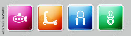 Set line Submarine toy, Scooter, Jump rope and Baby dummy pacifier. Colorful square button. Vector
