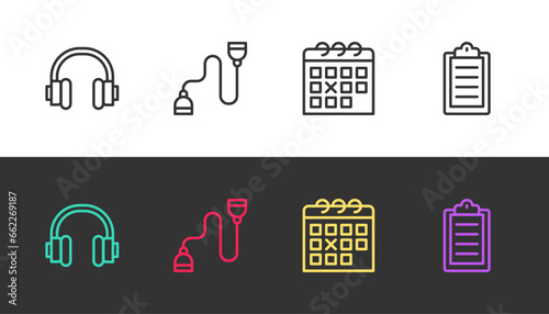 Set line Headphones, Chest expander, Calendar fitness and Sport training program on black and white. Vector