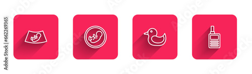 Set line Ultrasound of baby, Baby, Rubber duck and Monitor Walkie Talkie with long shadow. Red square button. Vector