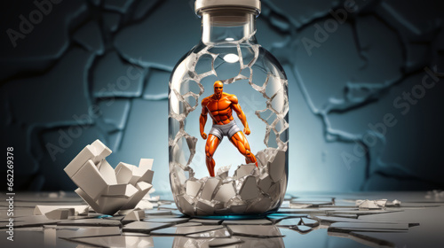 Illustration of a figure of a male bodybuilder that is captured in a flask for doping agents