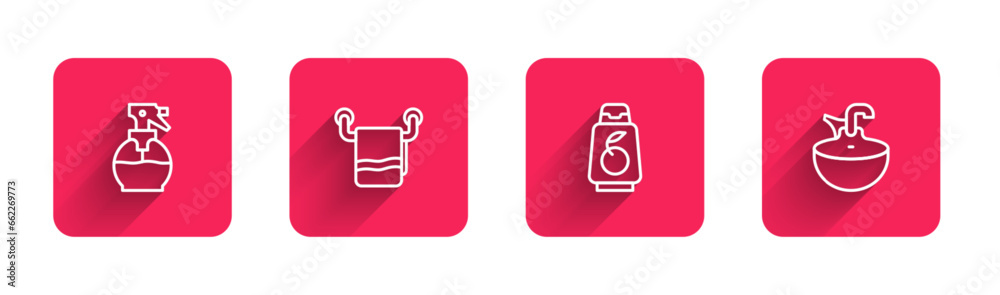 Set line Hairdresser pistol spray bottle, Towel on hanger, Bottle of shampoo and Washbasin with long shadow. Red square button. Vector Set line Hairdresser pistol spray bottle, Towel on hanger, Bottle of shampoo and Washbasin with long shadow. Red square button. Vector