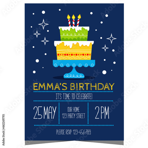 Kids birthday party invitation with big cake and candles on the background. Children's anniversary event card with big cupcake to invite boys and girls to celebrate together in a friendly atmosphere.