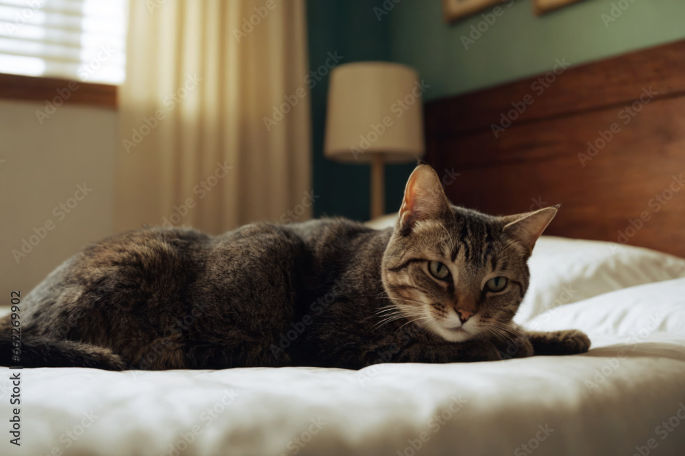 Quiet Cat on Bed, Cozy Solitude, AI Generated