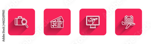 Set line Lost baggage, Airline ticket, Plane and Calendar and airplane with long shadow. Red square button. Vector