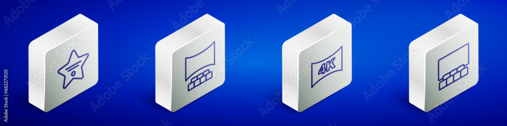 Set Isometric line Walk of fame star, Cinema auditorium with screen, Screen tv 4k and icon. Vector Set Isometric line Walk of fame star, Cinema auditorium with screen, Screen tv 4k and icon. Vector