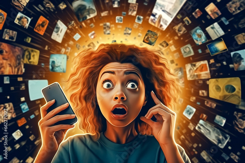 A young woman is holding her phone in shock, various streams of information are flying around her. Information data, too much media,information, maximalism, news,  addiction to social networks. photo