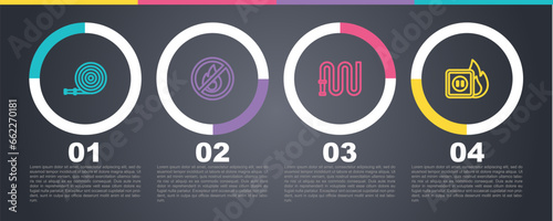 Set line Fire hose reel, No fire, and Electric wiring of socket in. Business infographic template. Vector