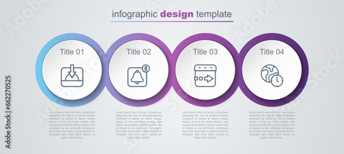 Set line Sunset  Alarm clock app mobile  Time flies on the and World time. Business infographic template. Vector