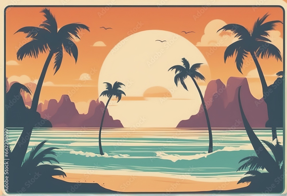 sunset on a beach with palm trees summer time with beach, palm tree and sun, sea and beach. vector illustration sunset on a beach with palm trees