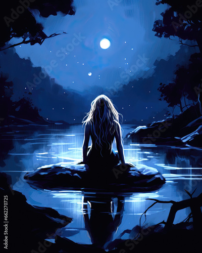 Young woman sitting on a rock by the lake in the moonlight © Lohan