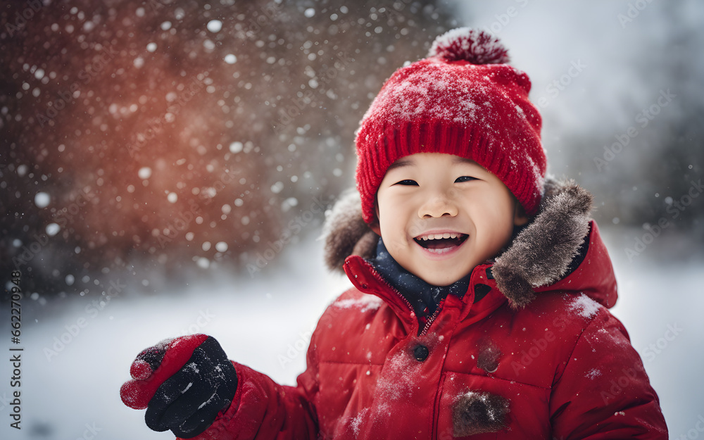 An asian toddler boy playing in snow