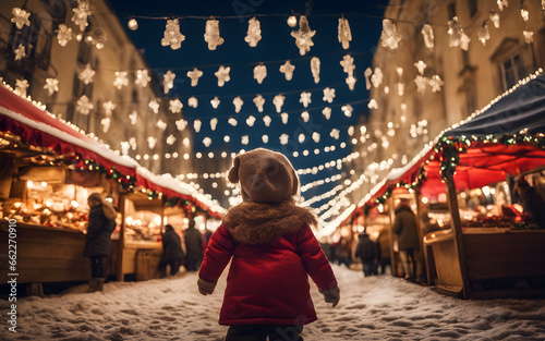 A toddler from behind looking at a christmas market in a city photo