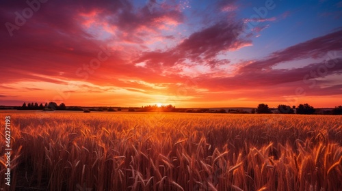 Rye field under a pink and orange sunset. © Samia