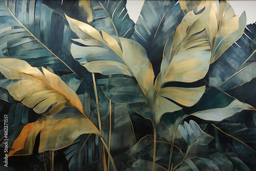 abstract painting of tropical leaves with gold foil #662271551