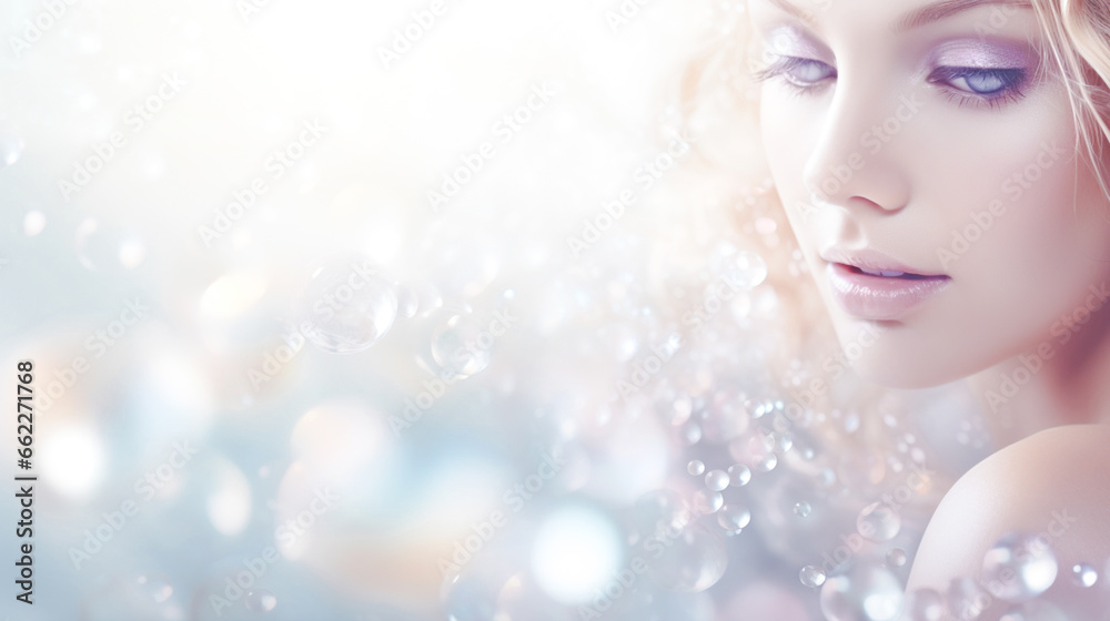 Beautiful young woman with a fair face and smooth skin. Blur background bokeh bubbles. For decorate web pages, assemble products, cosmetics, and skin care creams.