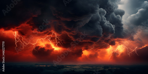 a storm with a lightning bolt on the top, Thunderstorm with lightnings in stormy sky, Severe weather with heavy lightning night sky, a sunset with a lightning storm, thunder background, generative ai  © Muhammad