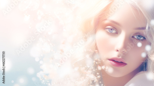 Beautiful young woman with a fair face and smooth skin. Blur background bokeh bubbles. For decorate web pages, assemble products, cosmetics, and skin care creams.