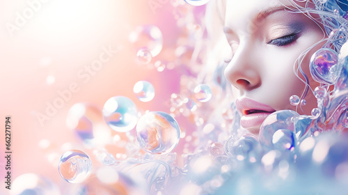 Beautiful young woman with a fair face and smooth skin. Blur background bokeh bubbles. For decorate web pages  assemble products  cosmetics  and skin care creams.