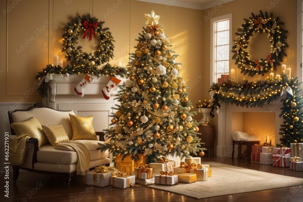 decorated christmas tree in a living room - christsman night house