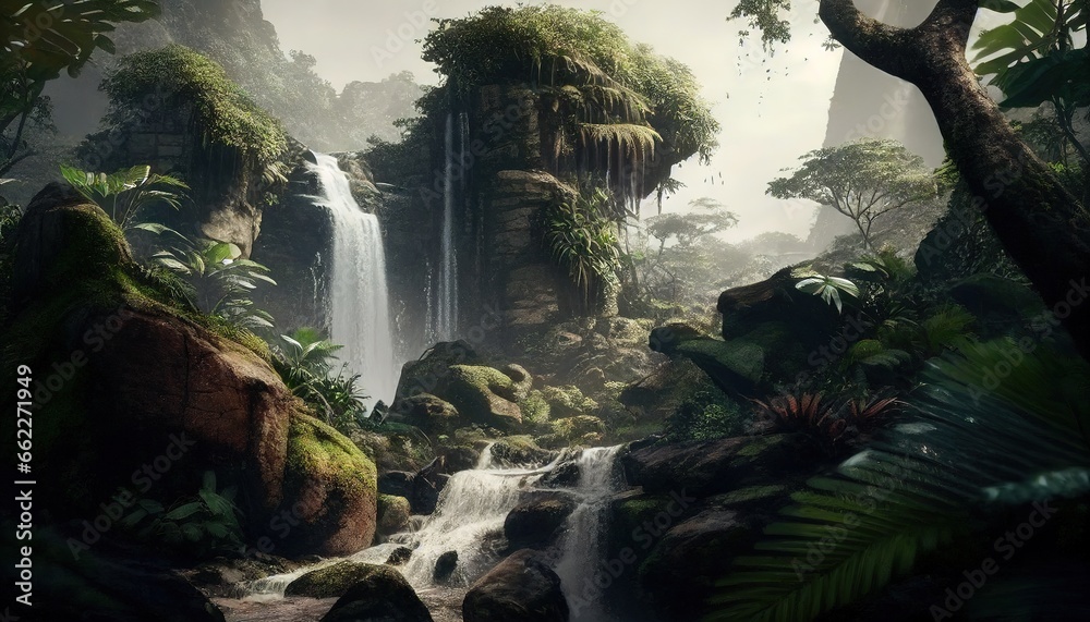 Tropical rainforest with waterfall, river and rock