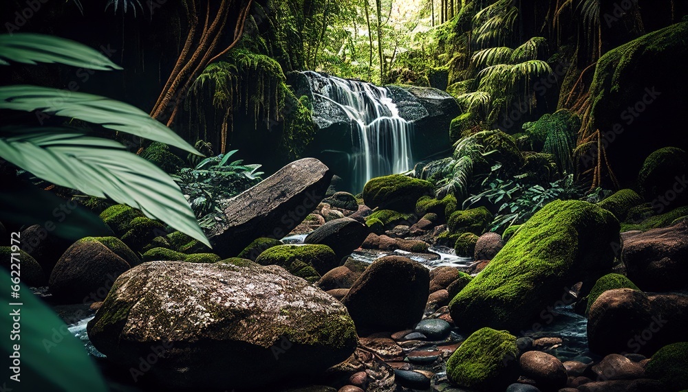 Tropical rainforest with waterfall, river and rock