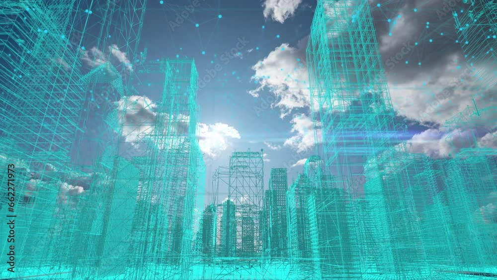 Futuristic city skyline, artificial intelligence, internet of things, aerial view of future city, holographic city. interweaving of lines and dots, video loop, 4k video, beautiful time lapse