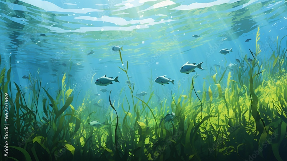 Seagrasses swaying underwater with fish swimming around.