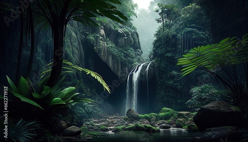 Tropical rainforest with waterfall  river and rock