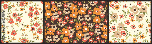 Seamless floral pattern, liberty ditsy print with autumn motif. Cute botanical design in the collection: small hand drawn flowers, tiny leaves, pretty flora in an abstract composition. Vector.
