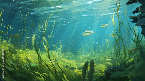 Seagrasses swaying underwater with fish swimming around.