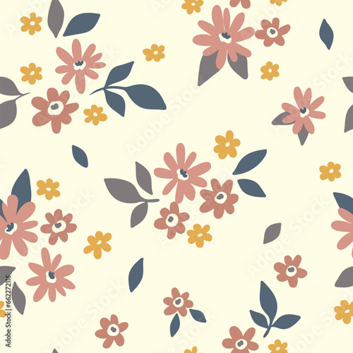 Seamless floral pattern  simple ditsy print with a rustic  folk motif. Cute botanical design  ornament  small hand drawn flowers  leaves  tiny pretty bouquets on white background. Vector illustration.